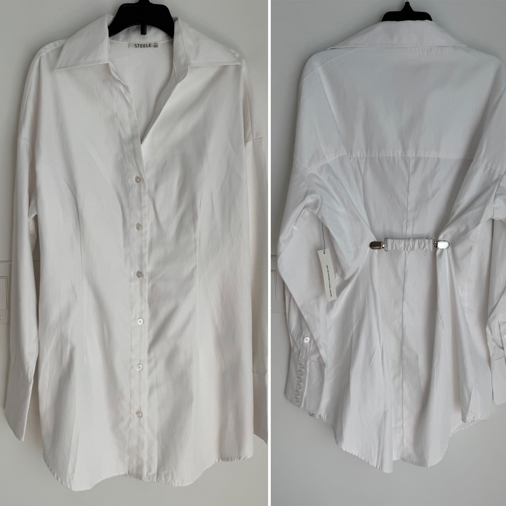Steele Darted Boyfriend Shirt Dress Women White Cotton Cinched Back XS NEW